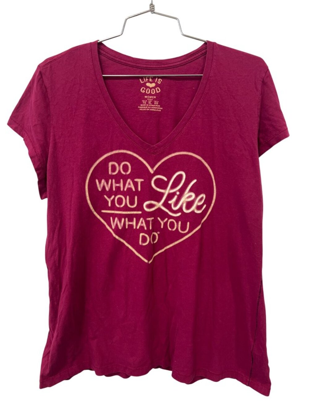 Life Is Good Graphic T-Shirt XL V-Neck Short Sleeve Tee Fitted Purple Essential